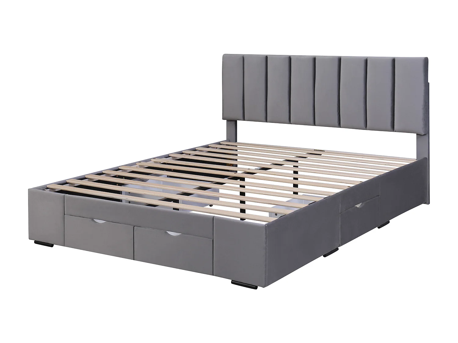 Lit double 160x200 cm, tête de lit réglable, 4 tiroirs sur roulettes, sommier à lattes inclus, velours gris(Sans matelas)
