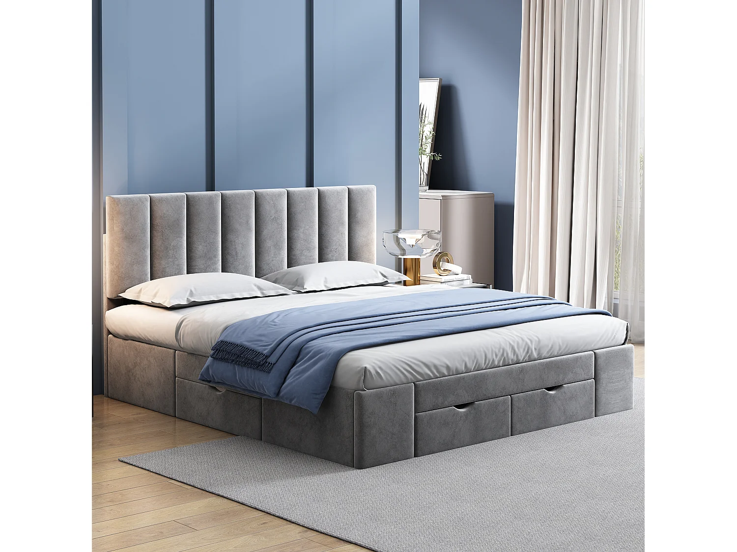 Lit double 160x200 cm, tête de lit réglable, 4 tiroirs sur roulettes, sommier à lattes inclus, velours gris(Sans matelas)