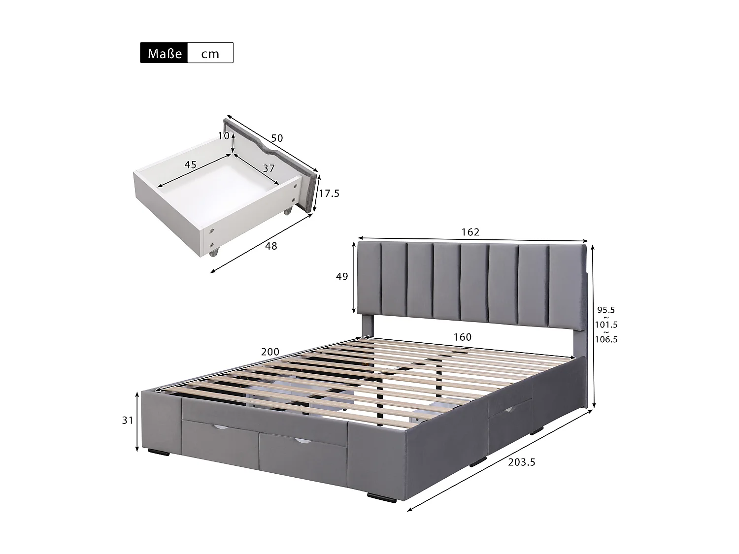 Lit double 160x200 cm, tête de lit réglable, 4 tiroirs sur roulettes, sommier à lattes inclus, velours gris(Sans matelas)