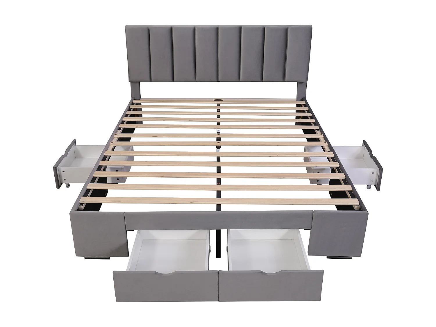 Lit double 160x200 cm, tête de lit réglable, 4 tiroirs sur roulettes, sommier à lattes inclus, velours gris(Sans matelas)