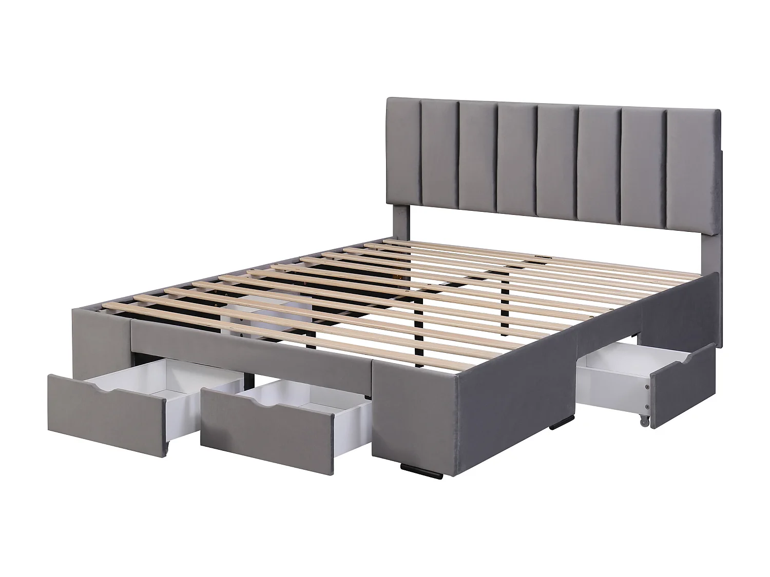 Lit double 160x200 cm, tête de lit réglable, 4 tiroirs sur roulettes, sommier à lattes inclus, velours gris(Sans matelas)
