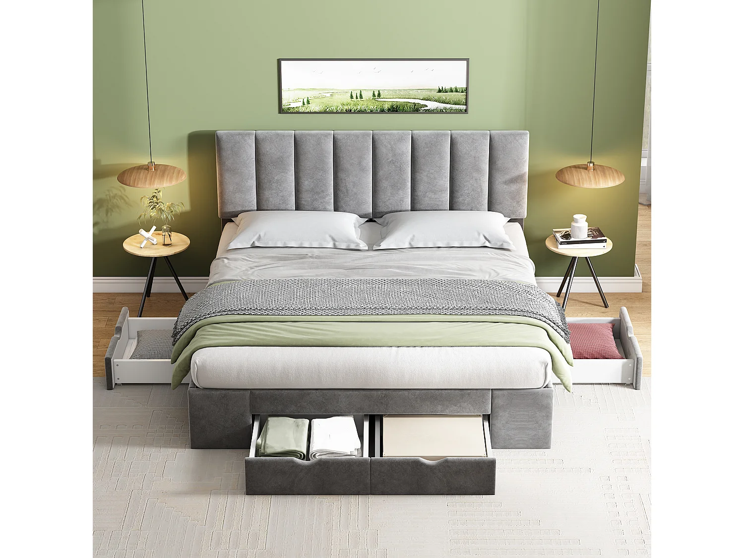 Lit double 160x200 cm, tête de lit réglable, 4 tiroirs sur roulettes, sommier à lattes inclus, velours gris(Sans matelas)