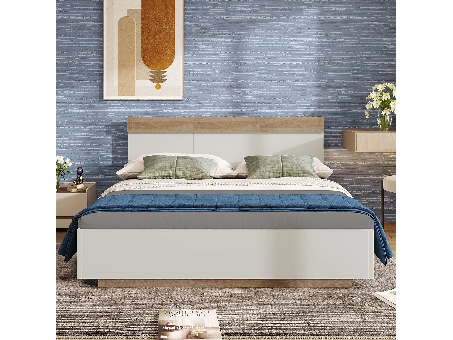 Lit double 180x200 cm avec effet suspendu, tête de lit et sommier à lattes en bois blanc et chêne (Sans matelas)