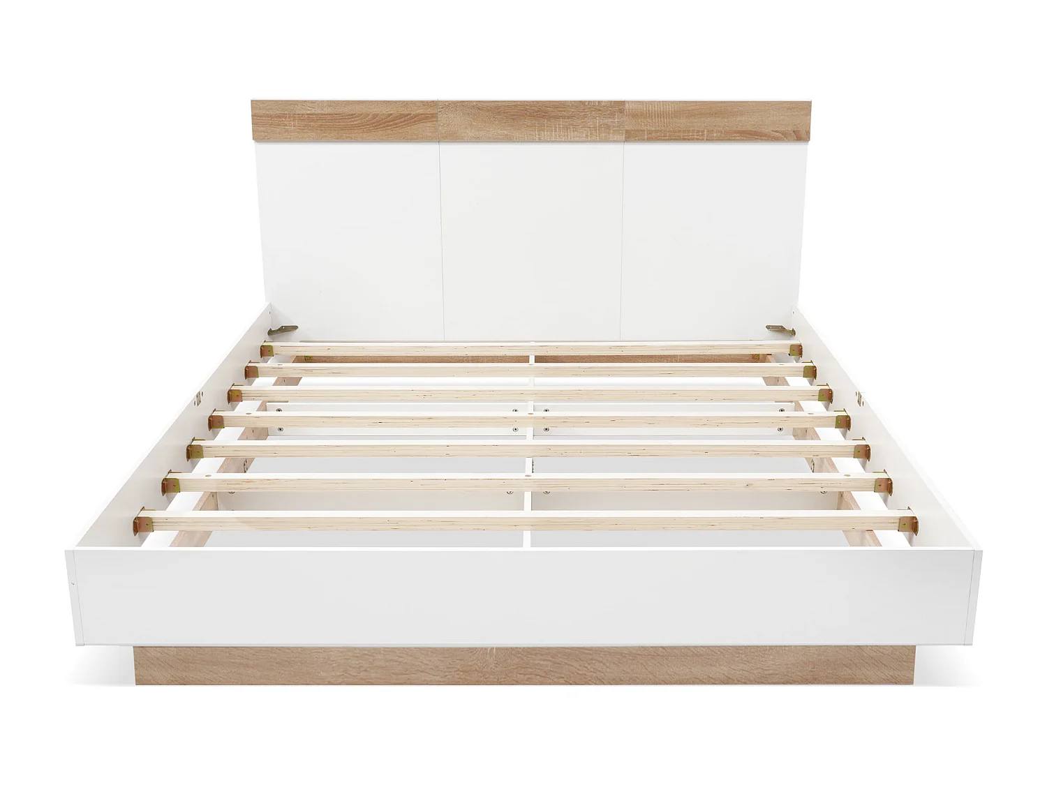 Lit double 180x200 cm avec effet suspendu, tête de lit et sommier à lattes en bois blanc et chêne (Sans matelas)