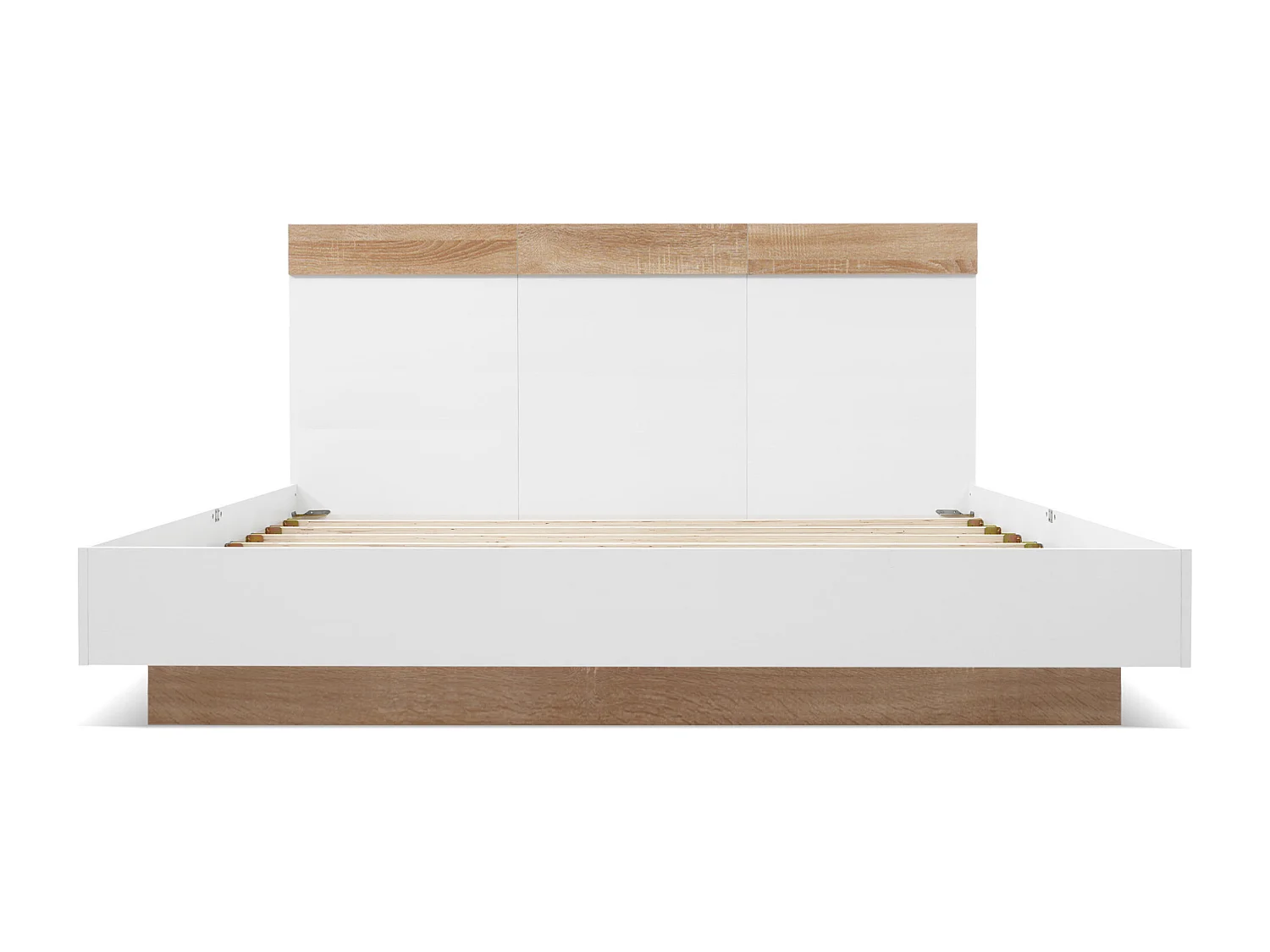 Lit double 180x200 cm avec effet suspendu, tête de lit et sommier à lattes en bois blanc et chêne (Sans matelas)