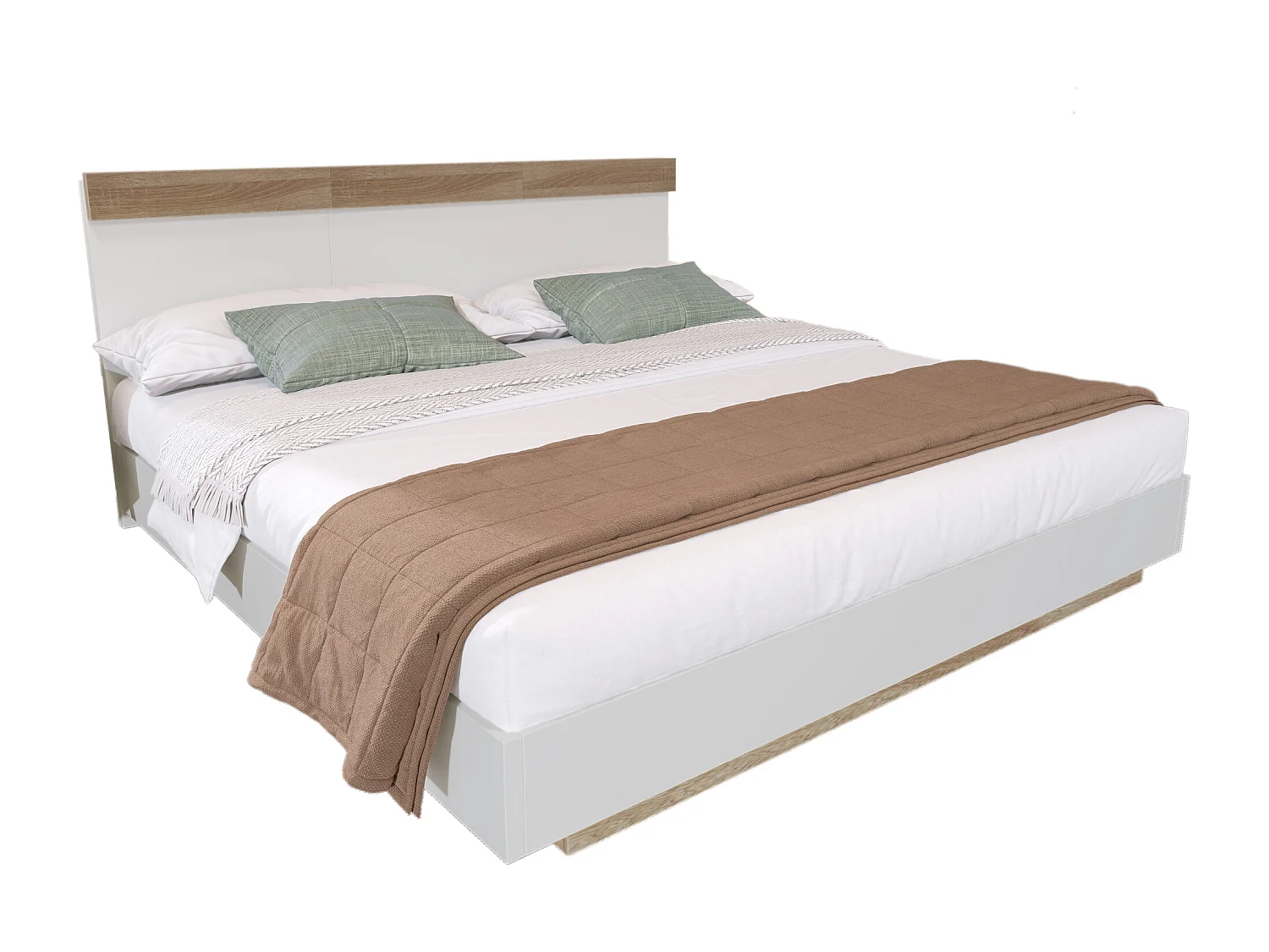 Lit double 180x200 cm avec effet suspendu, tête de lit et sommier à lattes en bois blanc et chêne (Sans matelas)