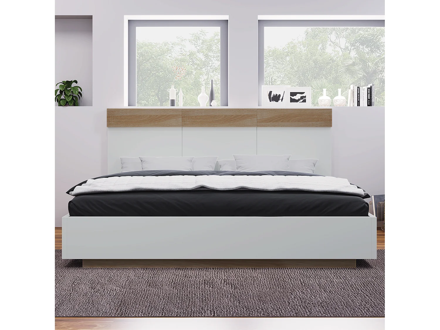 Lit double 180x200 cm avec effet suspendu, tête de lit et sommier à lattes en bois blanc et chêne (Sans matelas)