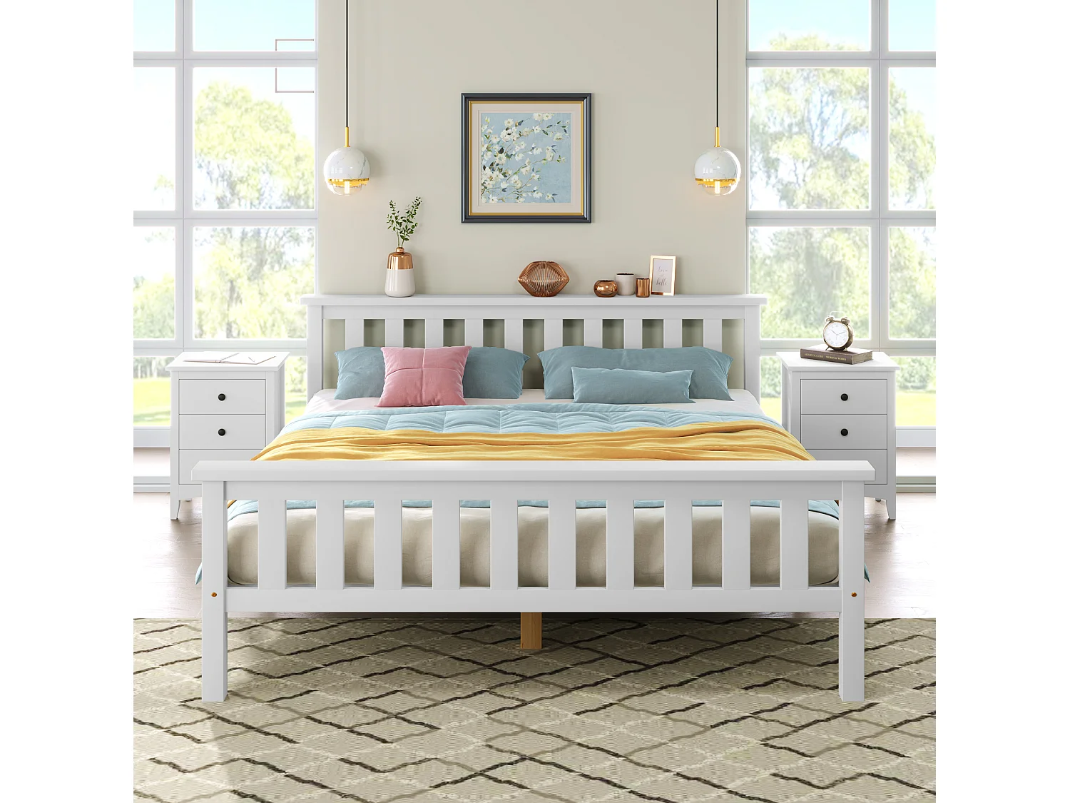 Lit double 140x200 cm avec sommier à lattes et design minimaliste en bois blanc (Sans matelas)