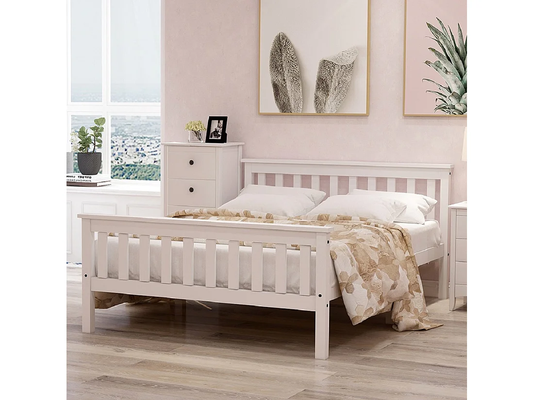 Lit double 140x200 cm avec sommier à lattes et design minimaliste en bois blanc (Sans matelas)