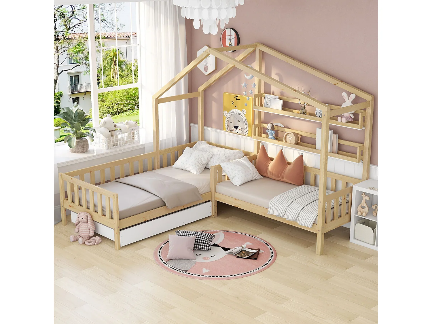 Lit enfant 90x200cm avec tiroirs étagères et rambardes Couleur naturelle pour enfants et adolescents