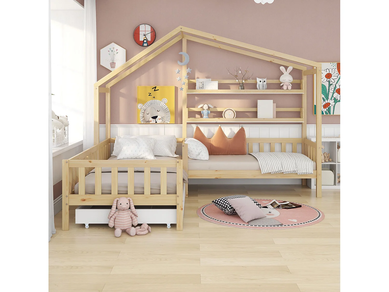 Lit enfant 90x200 cm 140x70 cm avec tiroir et étagères, structure en L, bois, naturel (Sans matelas)