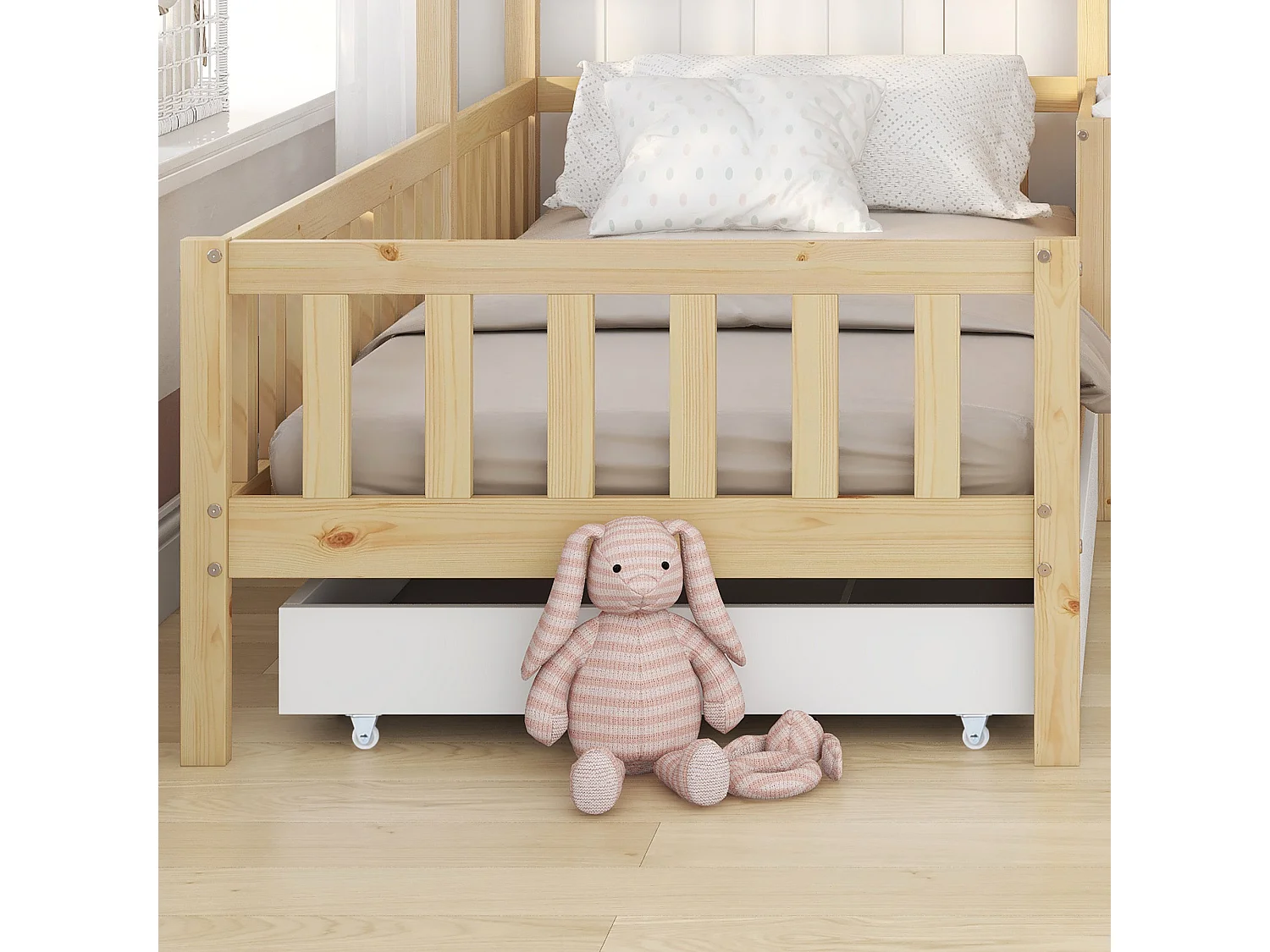 Lit enfant 90x200 cm 140x70 cm avec tiroir et étagères, structure en L, bois, naturel (Sans matelas)