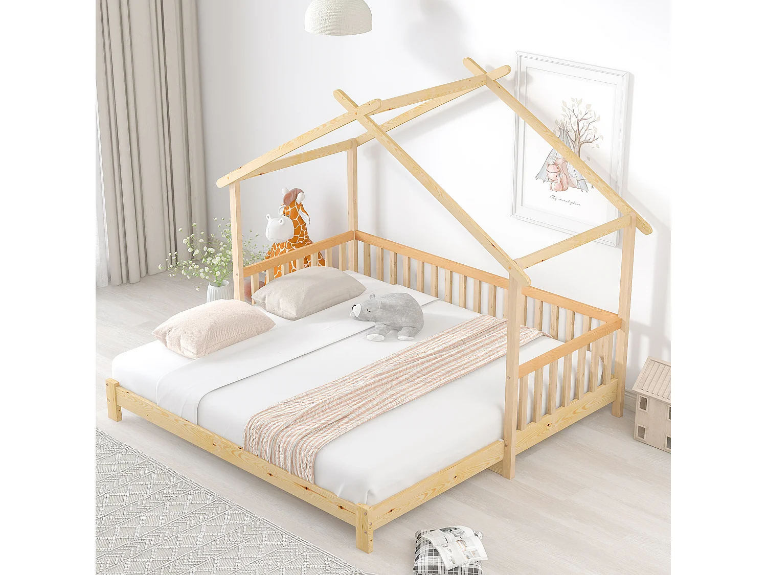 Lit enfant 90x200cm avec sommier à lattes extensibles et barrières de sécurité Couleur naturelle pour enfants et adolescents