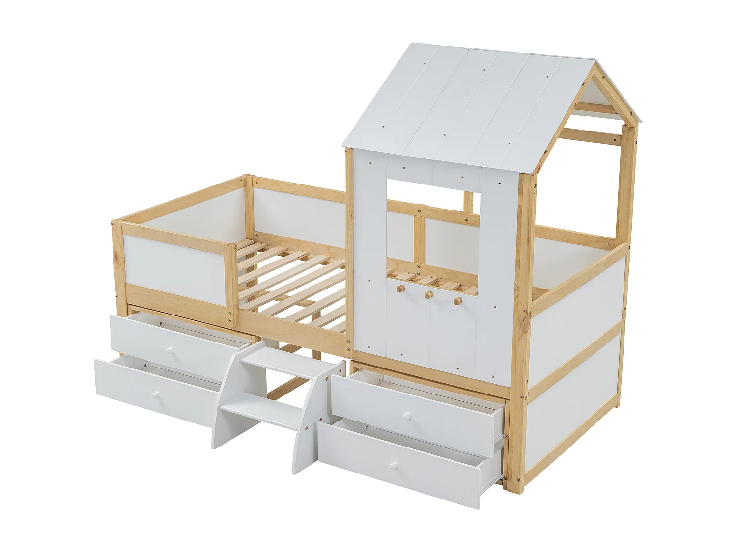 Lit enfant 90x200cm avec quatre tiroirs et un petit escalier et une rambarde Style chalet en blanc pour enfants et adolescents