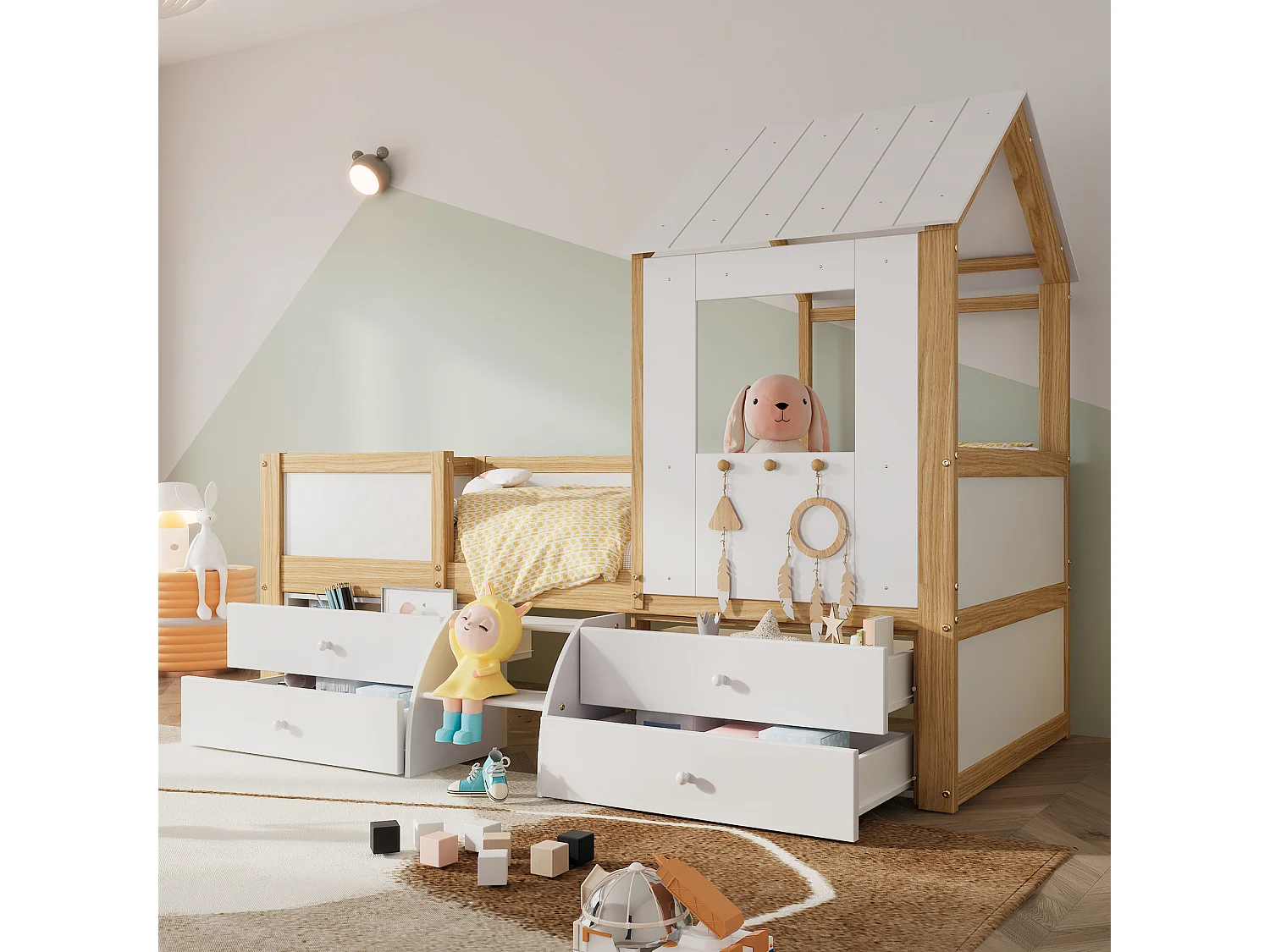 Lit enfant 90x200cm avec quatre tiroirs et un petit escalier et une rambarde Style chalet en blanc pour enfants et adolescents