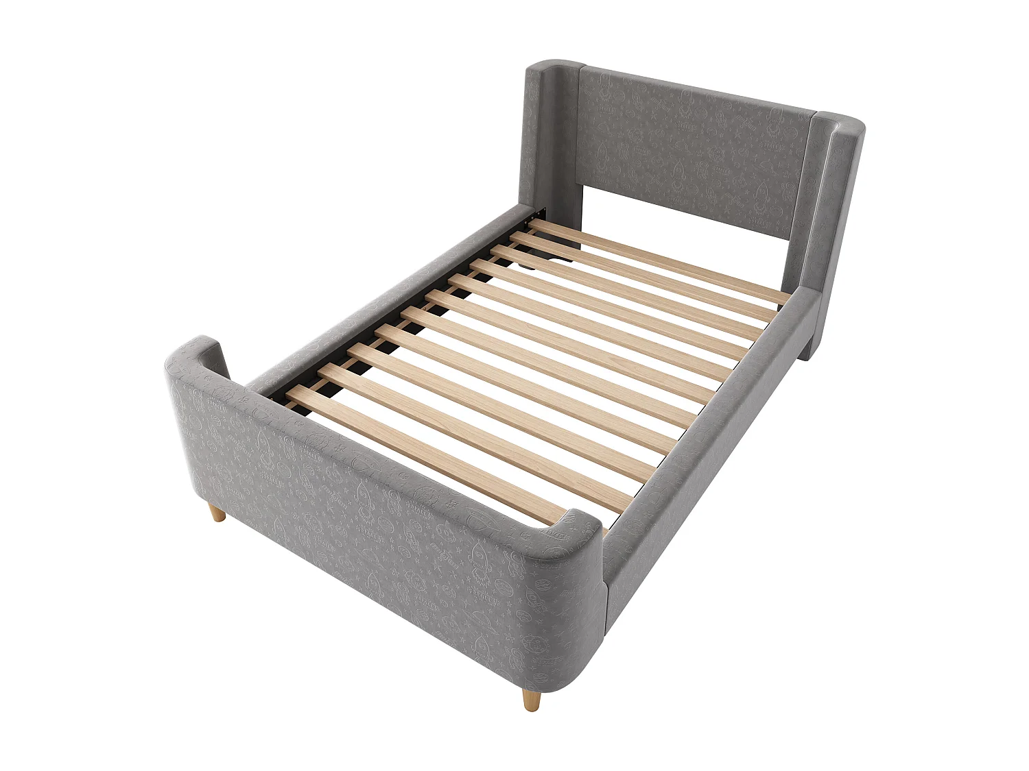 Lit enfant 90x200 cm, motifs espace, design traîneau, tête de lit rembourrée, velours gris(Sans matelas)