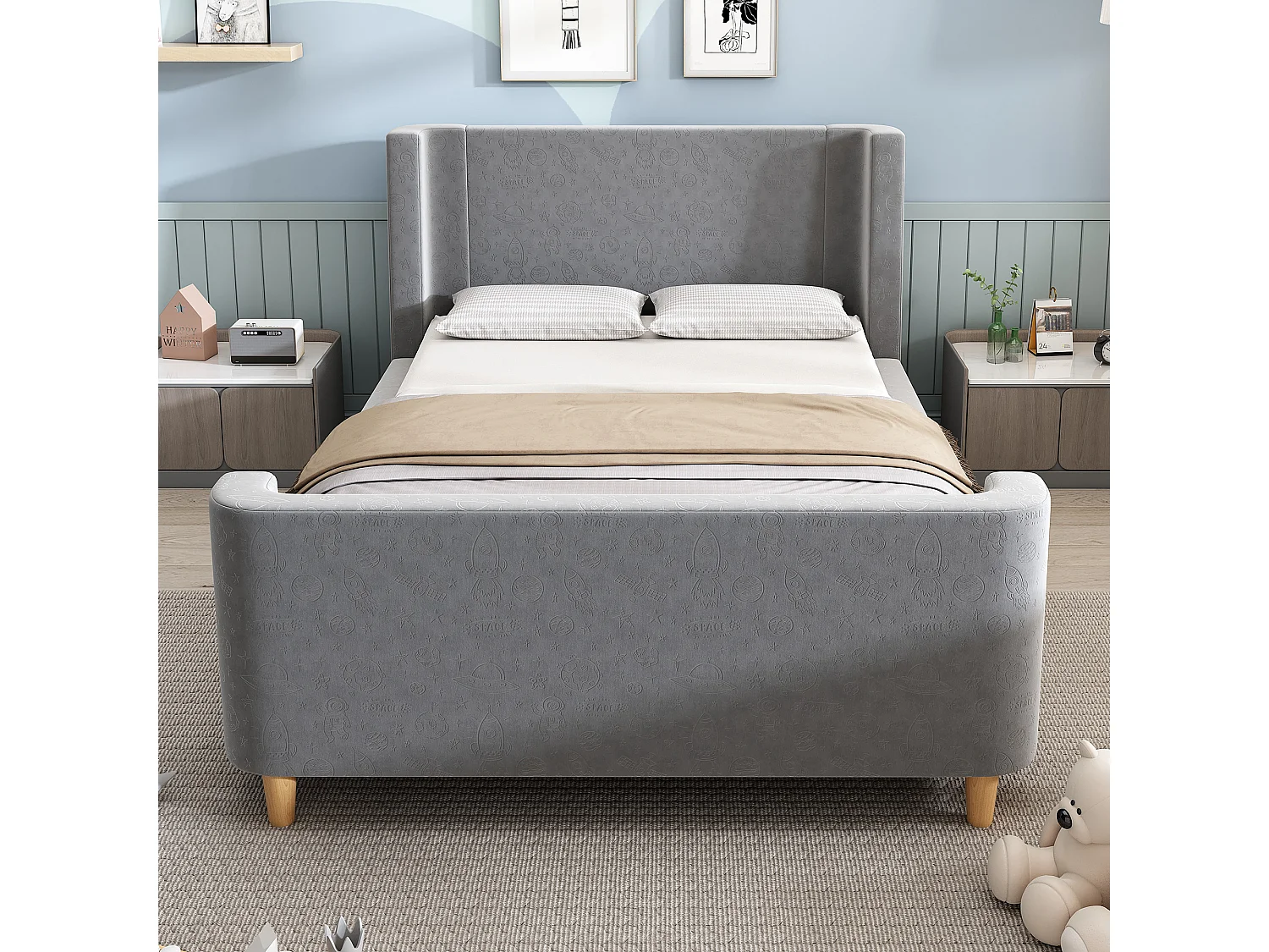 Lit enfant 90x200 cm, motifs espace, design traîneau, tête de lit rembourrée, velours gris(Sans matelas)