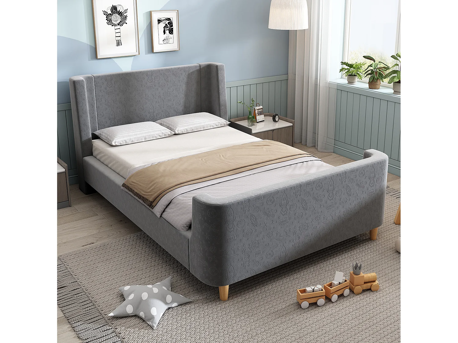 Lit enfant 90x200 cm, motifs espace, design traîneau, tête de lit rembourrée, velours gris(Sans matelas)