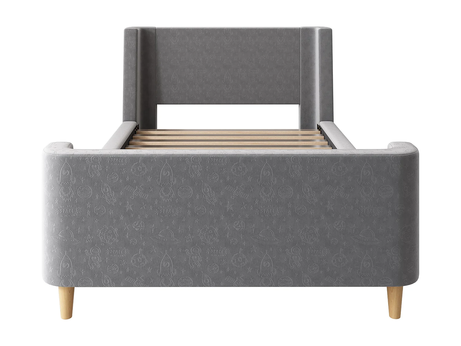 Lit enfant 90x200 cm, motifs espace, design traîneau, tête de lit rembourrée, velours gris(Sans matelas)