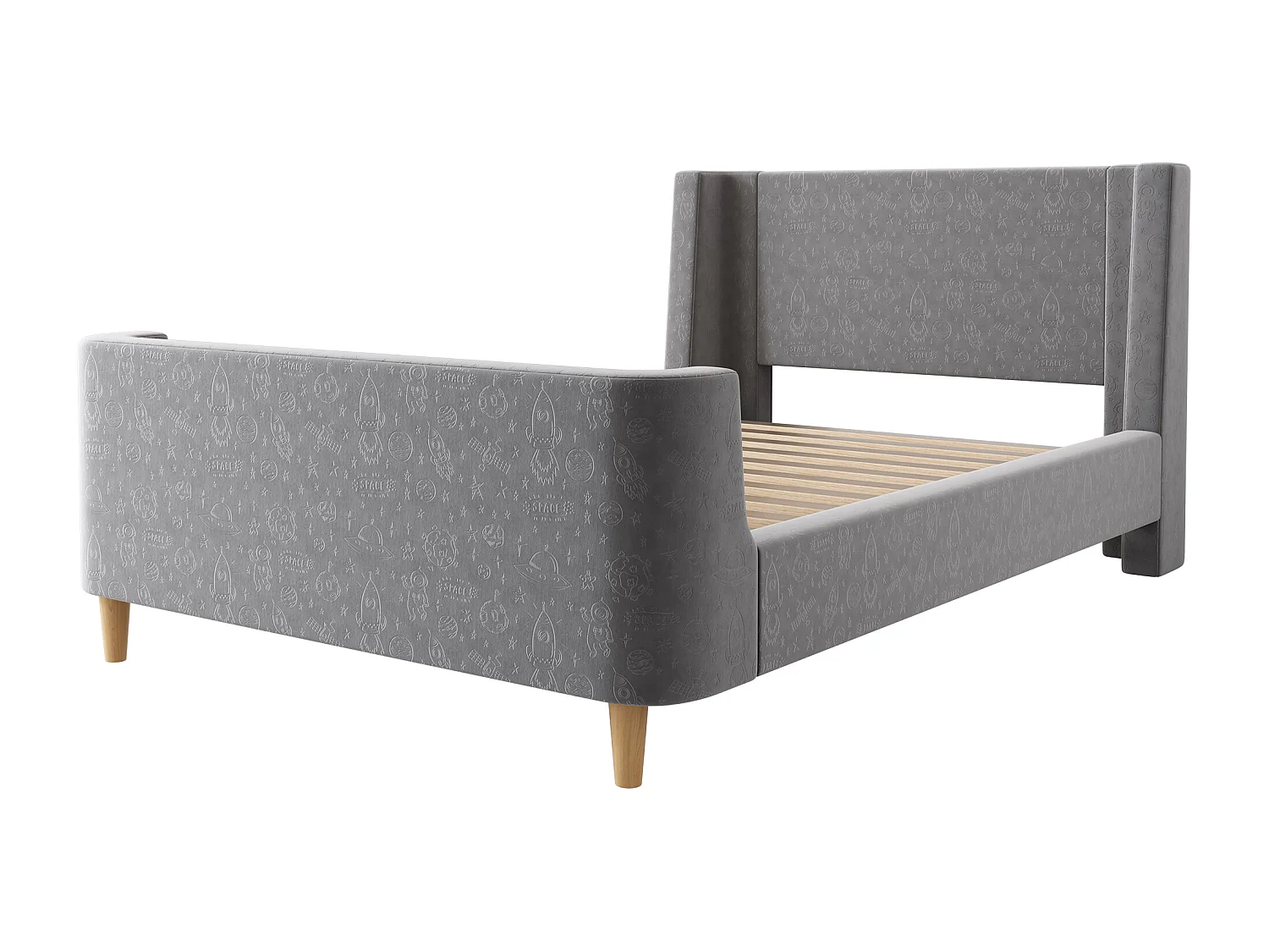 Lit enfant 90x200 cm, motifs espace, design traîneau, tête de lit rembourrée, velours gris(Sans matelas)