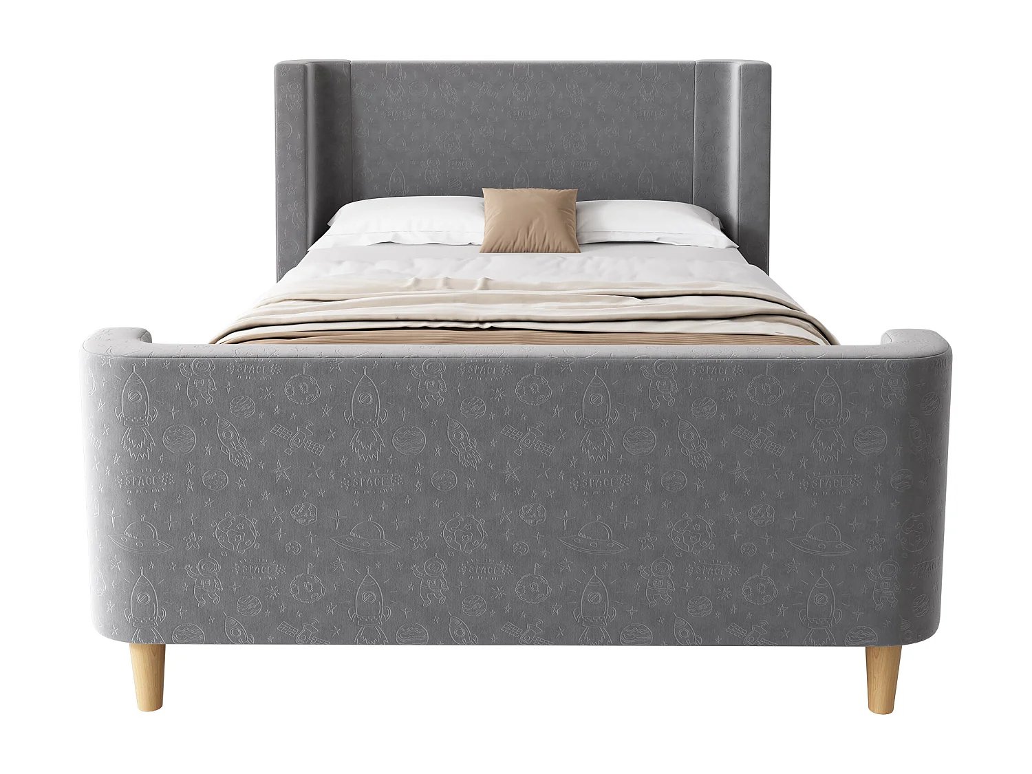 Lit enfant 90x200 cm, motifs espace, design traîneau, tête de lit rembourrée, velours gris(Sans matelas)