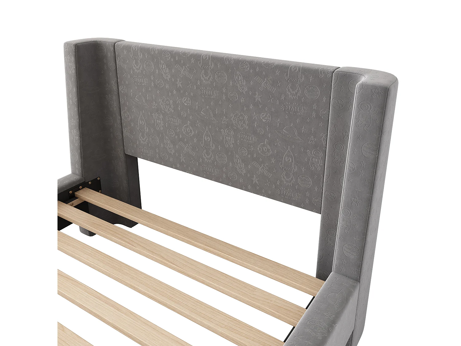 Lit enfant 90x200 cm, motifs espace, design traîneau, tête de lit rembourrée, velours gris(Sans matelas)