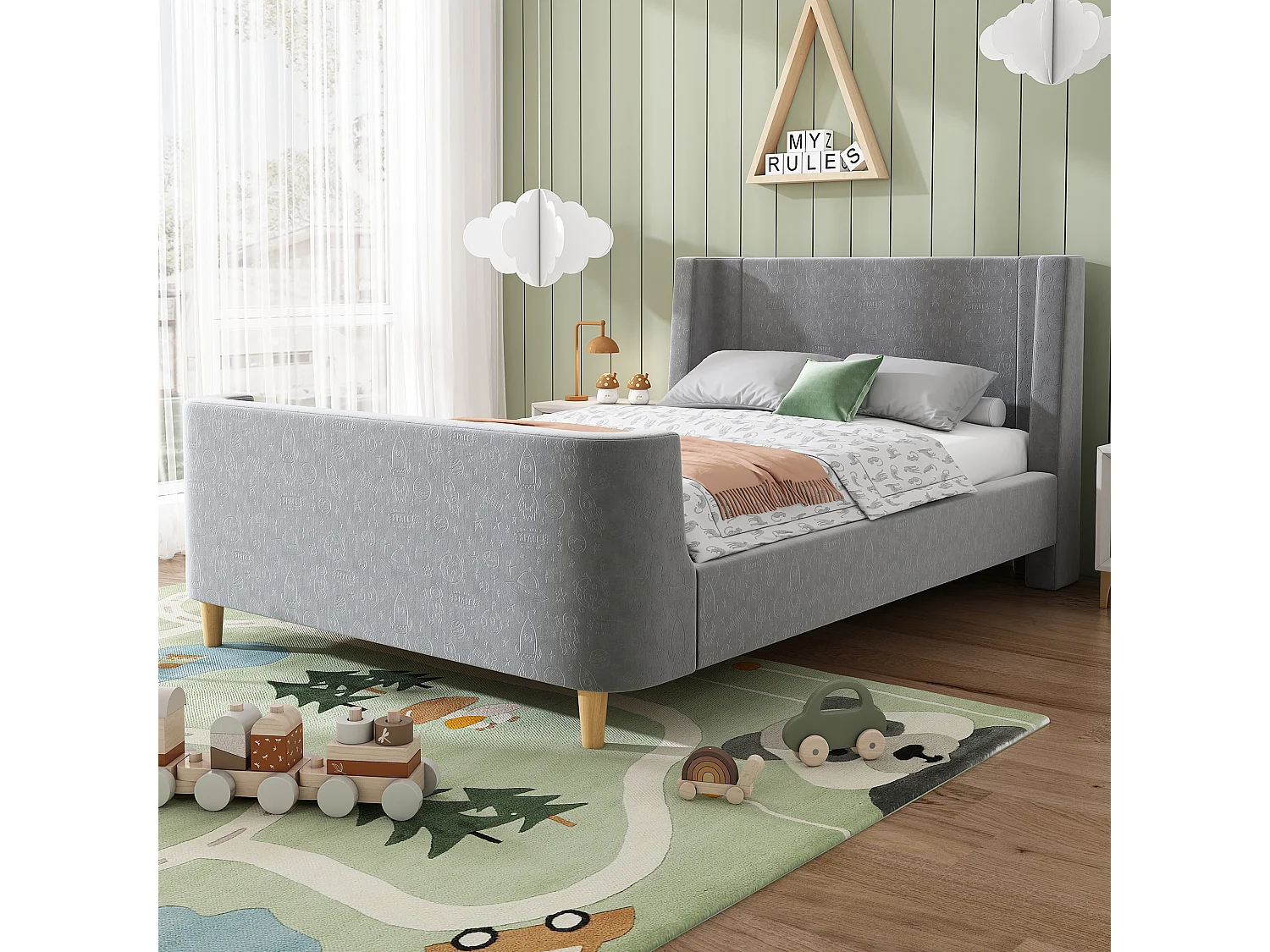 Lit enfant 90x200 cm, motifs espace, design traîneau, tête de lit rembourrée, velours gris(Sans matelas)