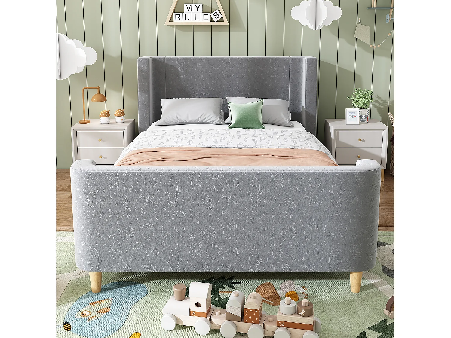 Lit enfant 90x200 cm, motifs espace, design traîneau, tête de lit rembourrée, velours gris(Sans matelas)