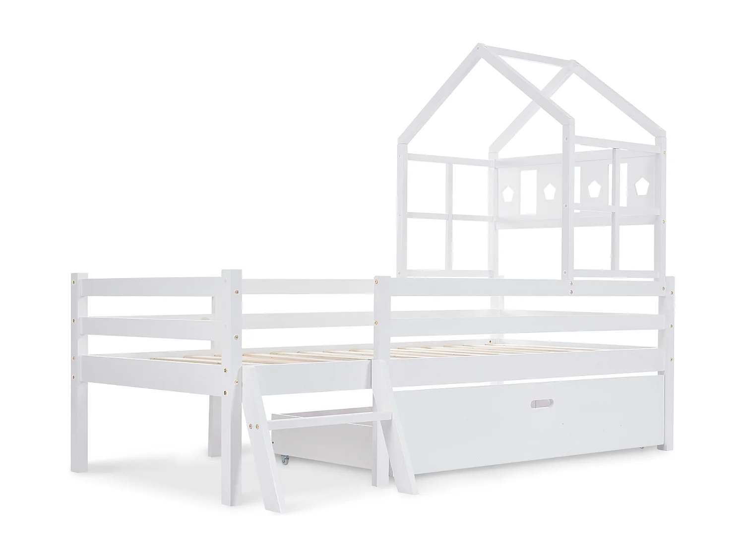 Lit enfant 90x200 cm avec échelle, tiroir et barrière de sécurité, bois de pin blanc (Sans matelas)