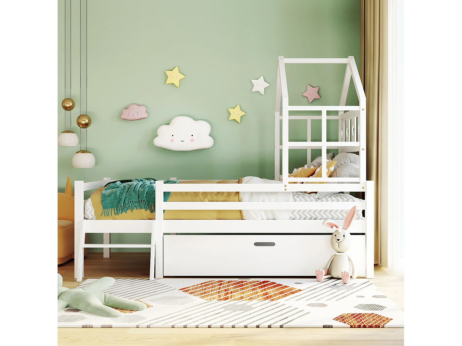Lit enfant 90x200 cm avec échelle, tiroir et barrière de sécurité, bois de pin blanc (Sans matelas)