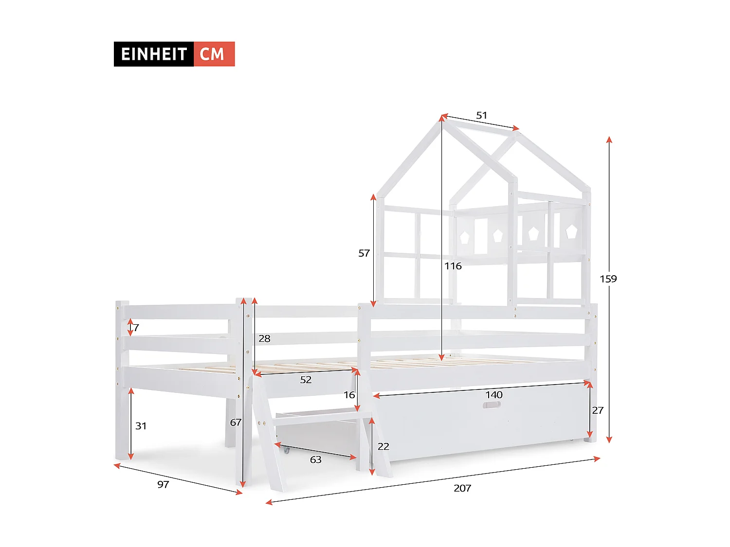 Lit enfant 90x200 cm avec échelle, tiroir et barrière de sécurité, bois de pin blanc (Sans matelas)