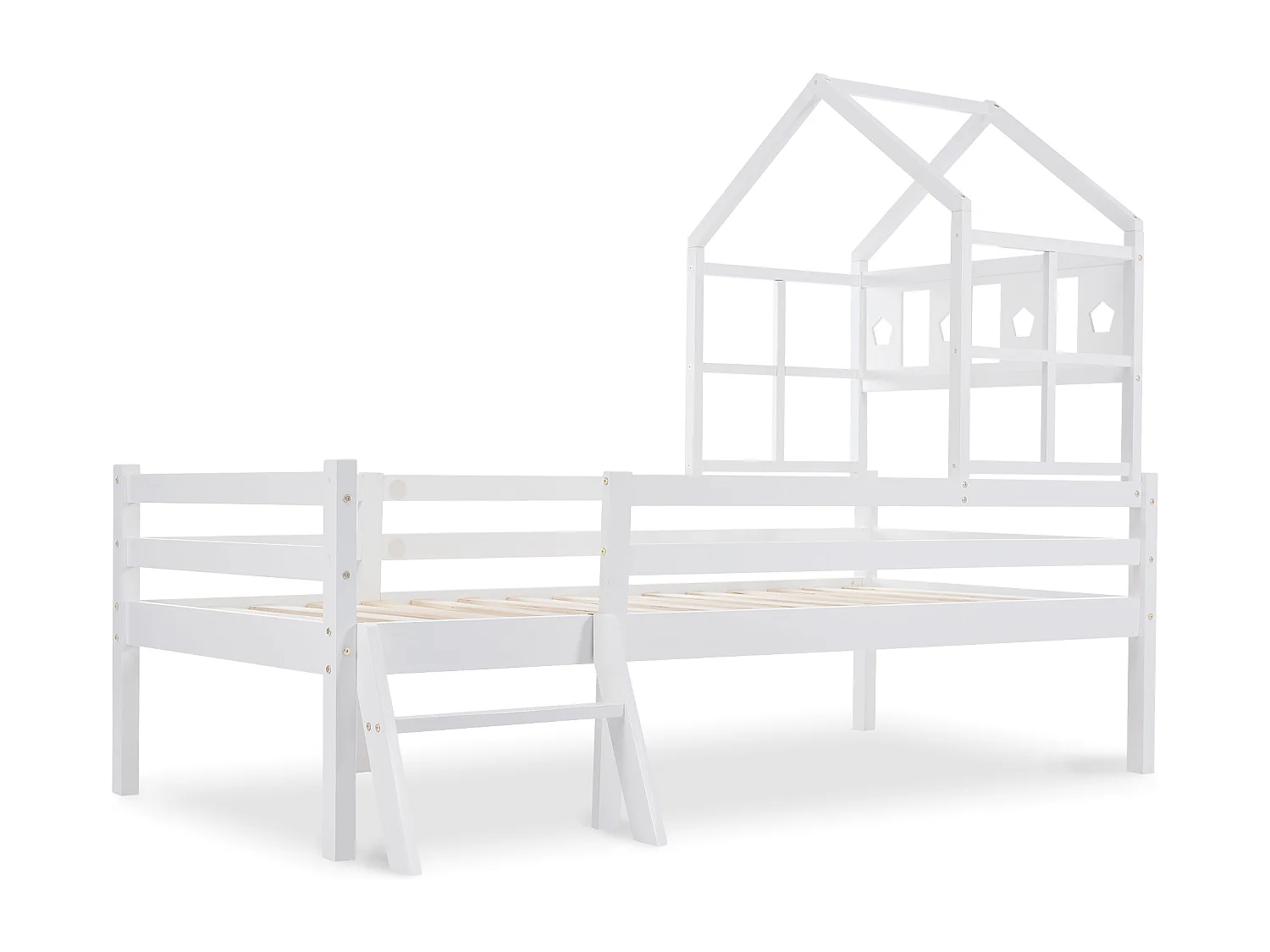 Lit enfant 90x200 cm avec échelle, tiroir et barrière de sécurité, bois de pin blanc (Sans matelas)
