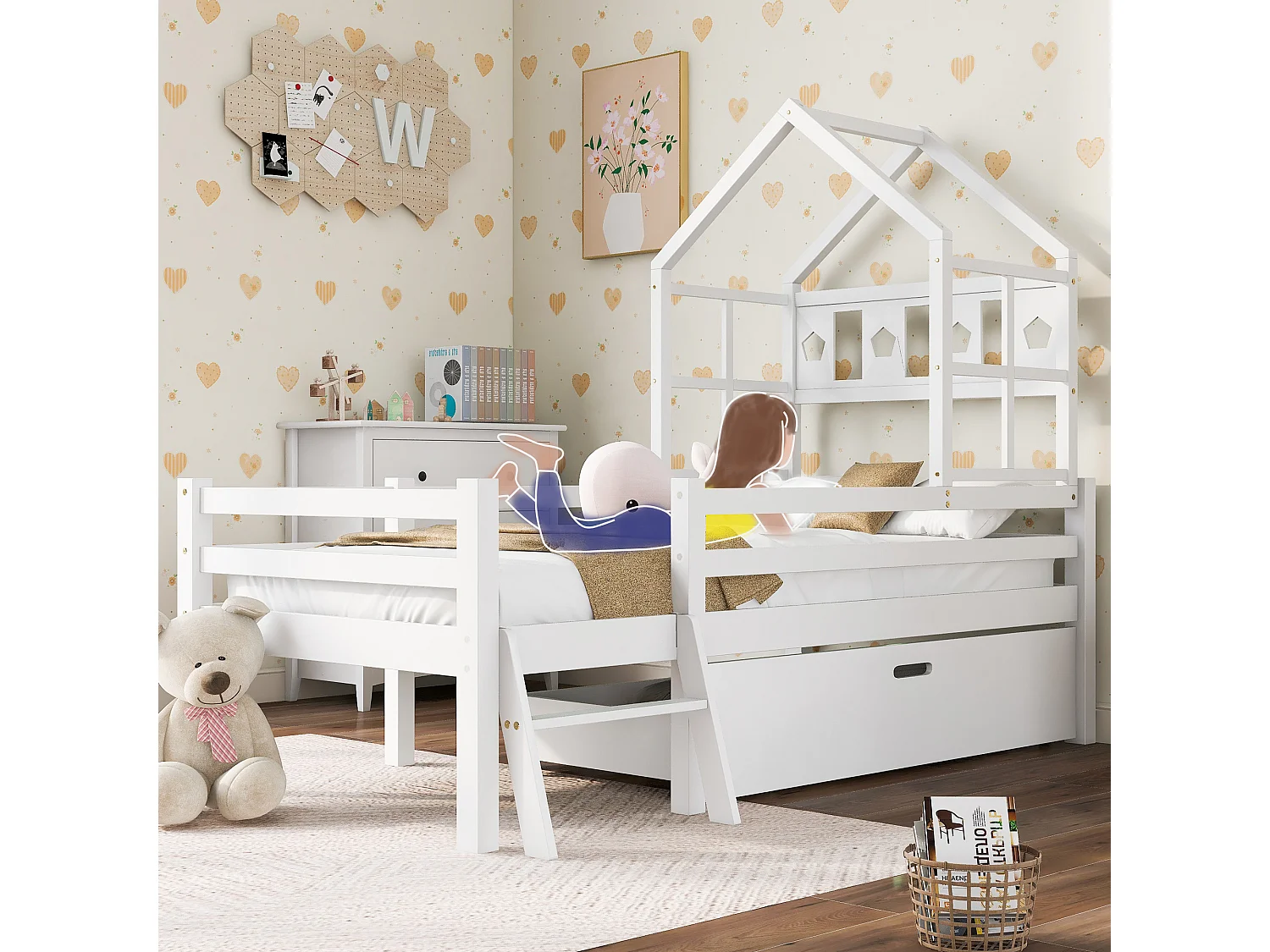 Lit enfant 90x200 cm avec échelle, tiroir et barrière de sécurité, bois de pin blanc (Sans matelas)