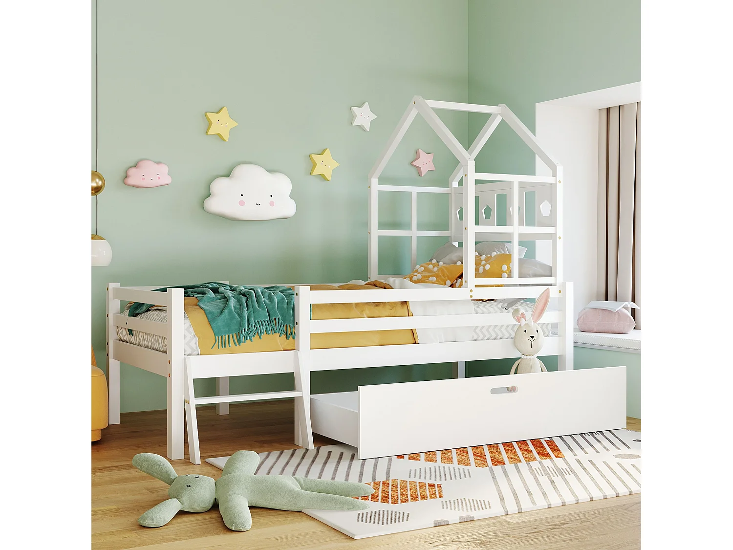 Lit enfant 90x200 cm avec échelle, tiroir et barrière de sécurité, bois de pin blanc (Sans matelas)
