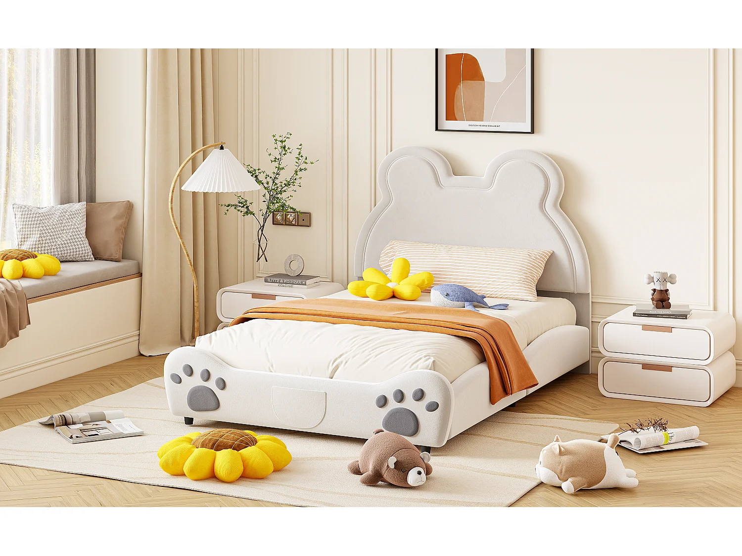 Lit enfant 140x200 cm avec forme ours, avec revêtement rembourré, tissu blanc (Sans matelas)