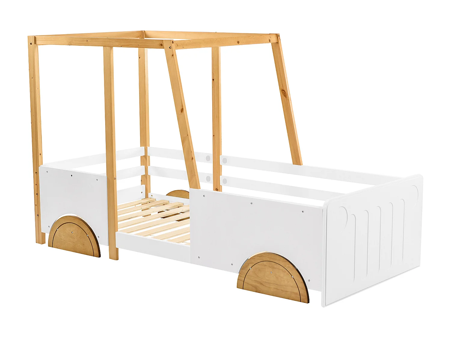 Lit enfant 90x200 cm en forme de voiture avec barrières sur 4 côtés en bois blanc et naturel (Sans matelas)