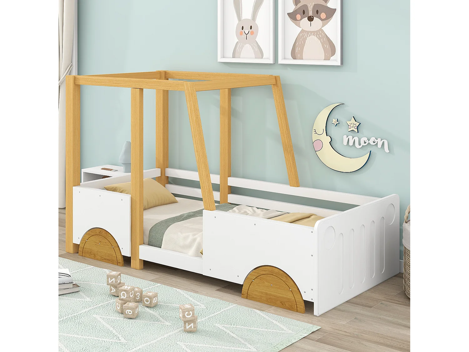 Lit enfant 90x200 cm en forme de voiture avec barrières sur 4 côtés en bois blanc et naturel (Sans matelas)