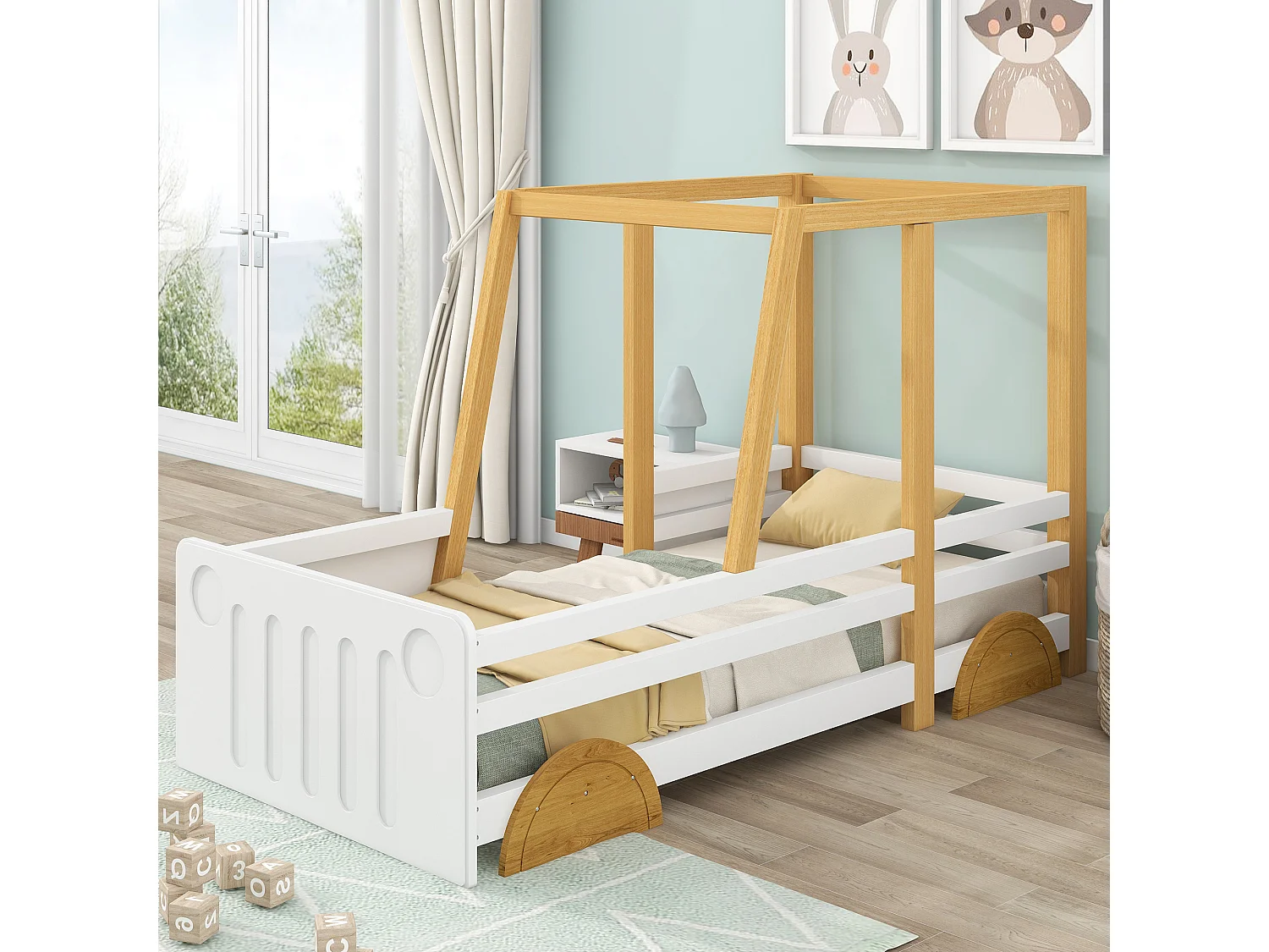Lit enfant 90x200 cm en forme de voiture avec barrières sur 4 côtés en bois blanc et naturel (Sans matelas)