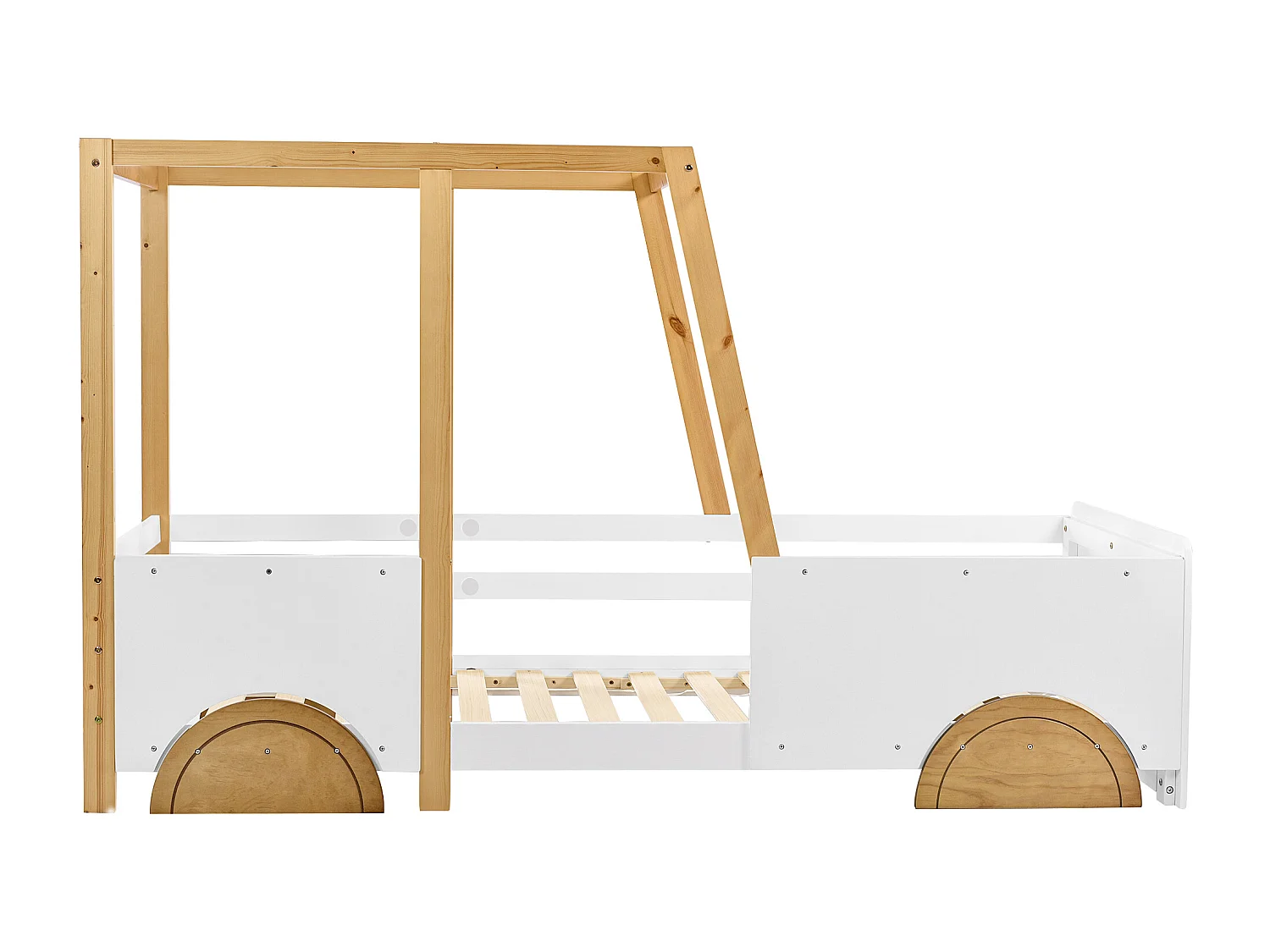 Lit enfant 90x200 cm en forme de voiture avec barrières sur 4 côtés en bois blanc et naturel (Sans matelas)
