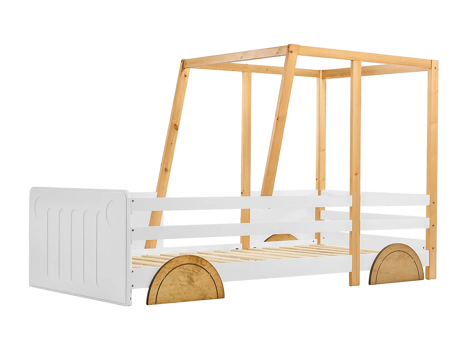 Lit enfant 90x200 cm en forme de voiture avec barrières sur 4 côtés en bois blanc et naturel (Sans matelas)