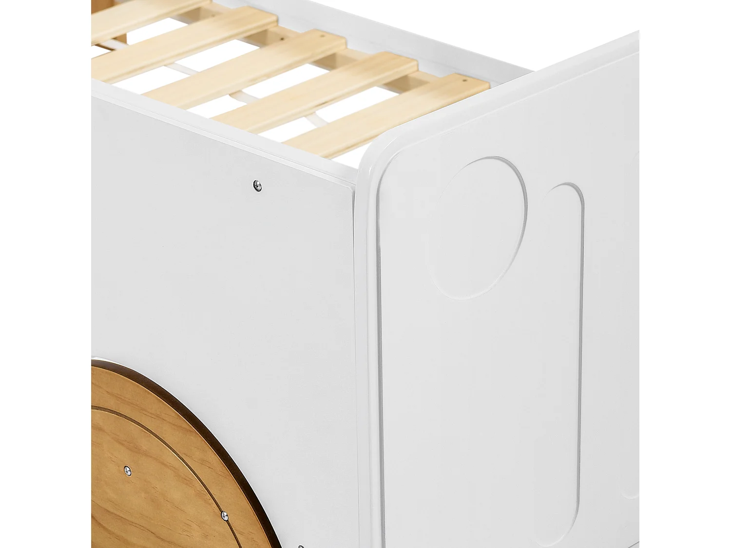Lit enfant 90x200 cm en forme de voiture avec barrières sur 4 côtés en bois blanc et naturel (Sans matelas)