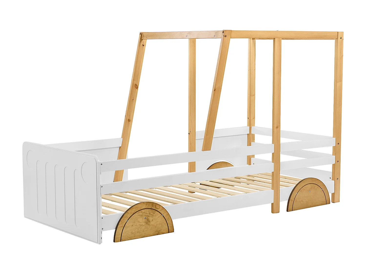 Lit enfant 90x200 cm en forme de voiture avec barrières sur 4 côtés en bois blanc et naturel (Sans matelas)
