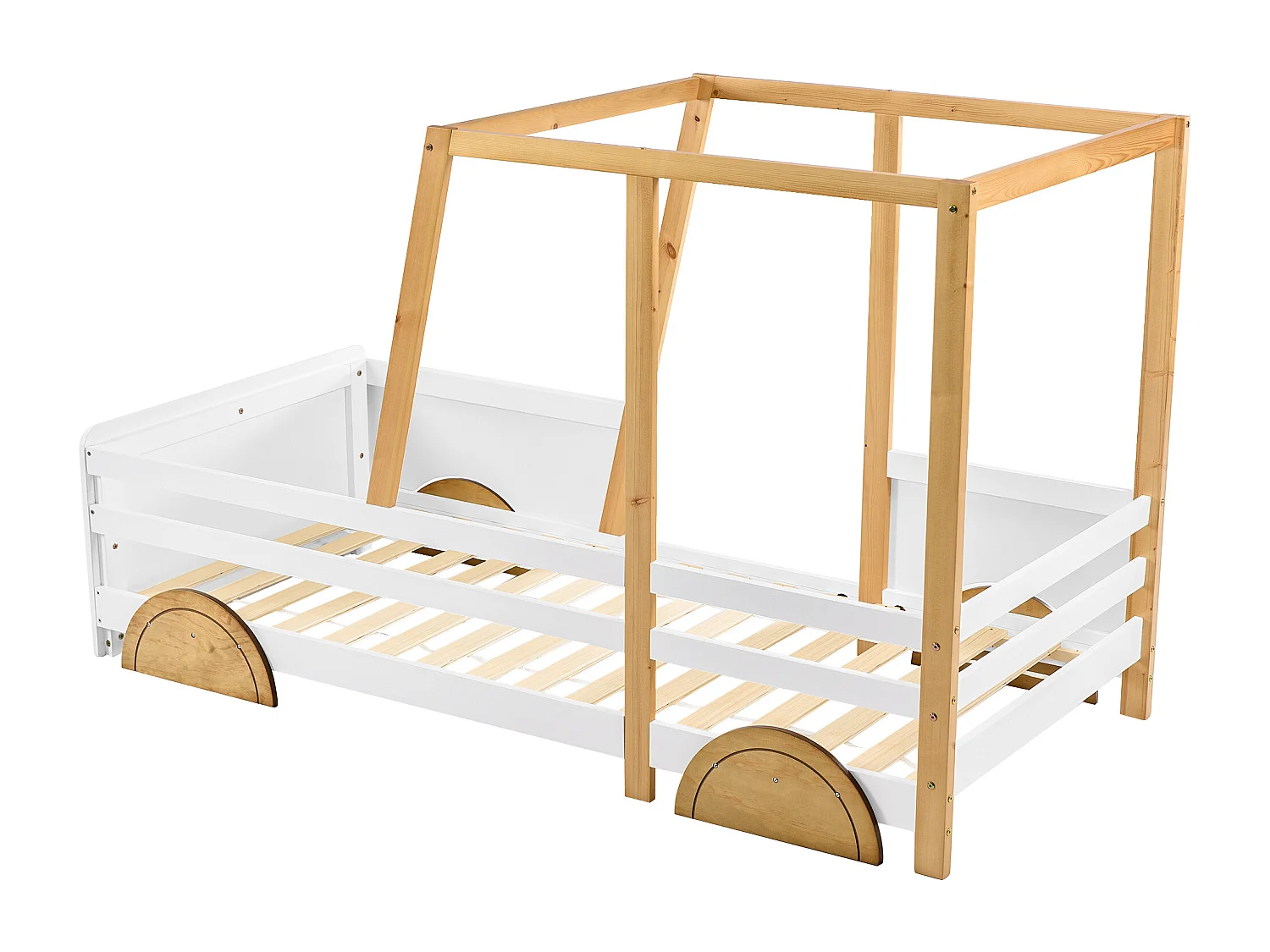 Lit enfant 90x200 cm en forme de voiture avec barrières sur 4 côtés en bois blanc et naturel (Sans matelas)
