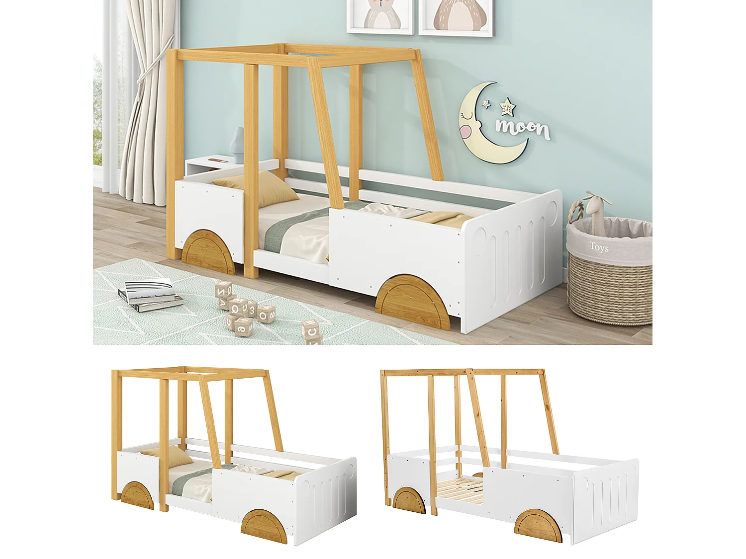 Lit enfant 90x200 cm en forme de voiture avec barrières sur 4 côtés en bois blanc et naturel (Sans matelas)