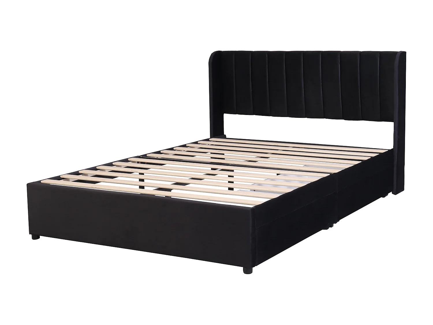 Lit double 160x200 cm, tête de lit haute, 2 tiroirs, sommier à lattes, velours noir(Sans matelas)