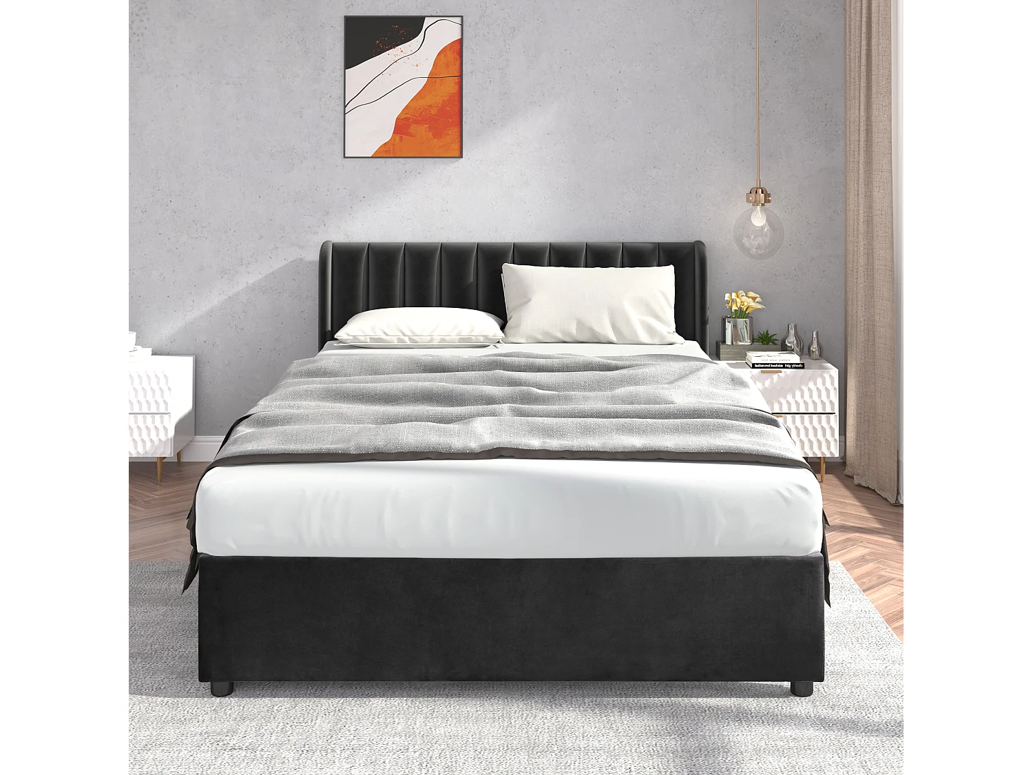 Lit double 160x200 cm, tête de lit haute, 2 tiroirs, sommier à lattes, velours noir(Sans matelas)