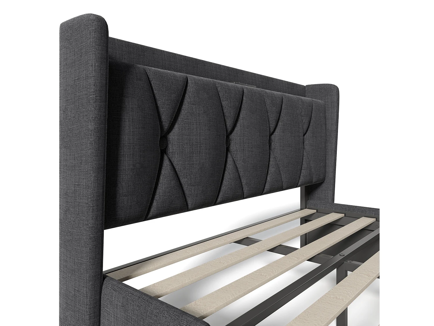 Lit adulte 140x200 cm avec sommier - tête de lit USB et 4 tiroirs de rangement - tissu lin gris (sans matelas)