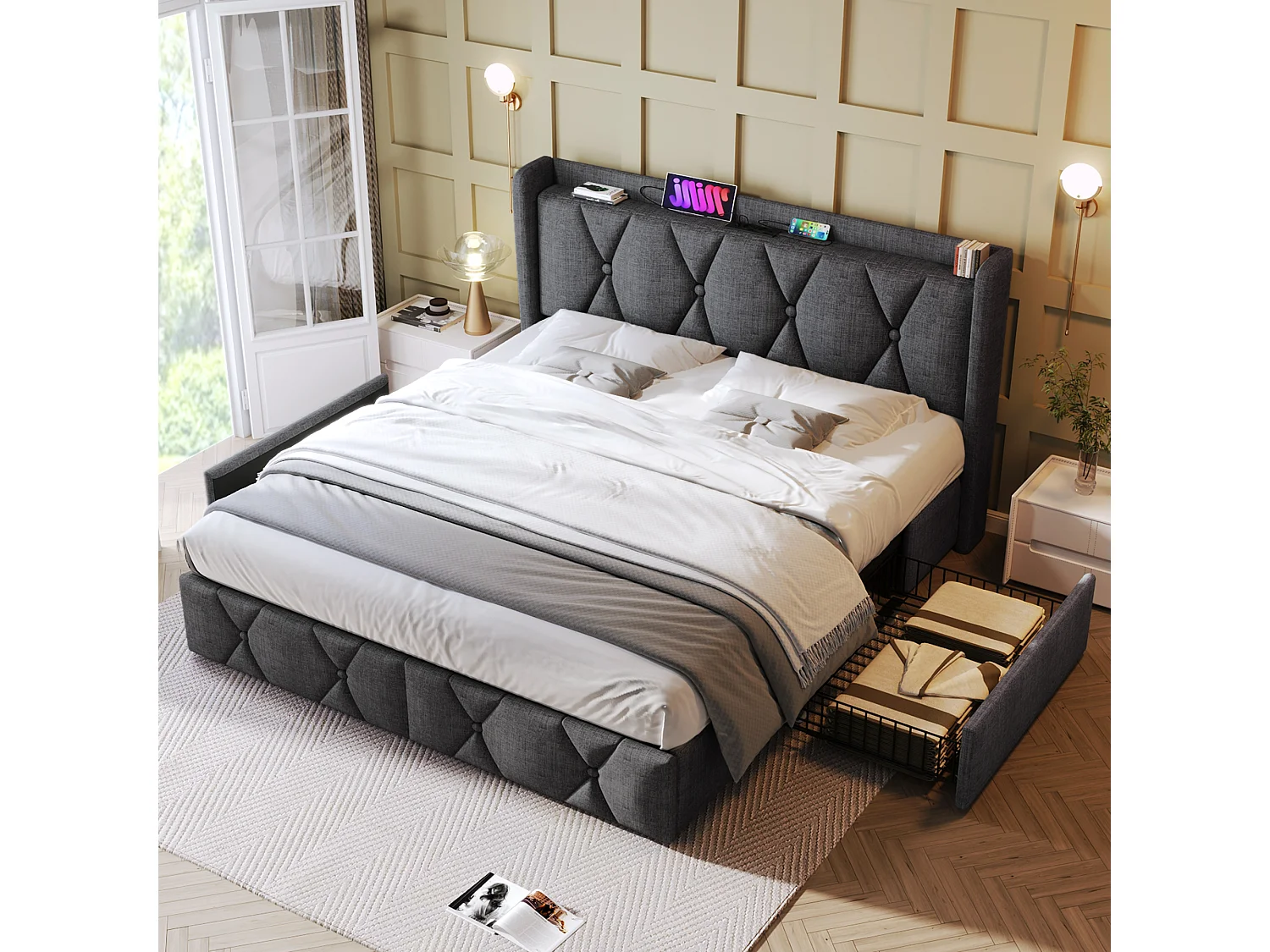 Lit double 140x200 cm, tête de lit avec prises et USB, 4 tiroirs, revêtement en lin, gris(Sans matelas)