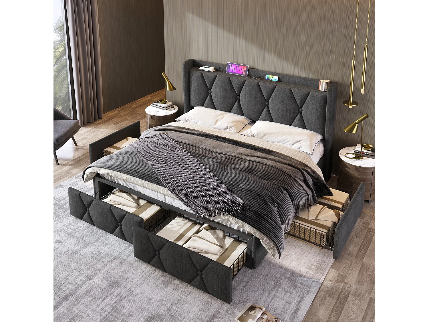 Lit double 140x200 cm, tête de lit avec prises et USB, 4 tiroirs, revêtement en lin, gris(Sans matelas)