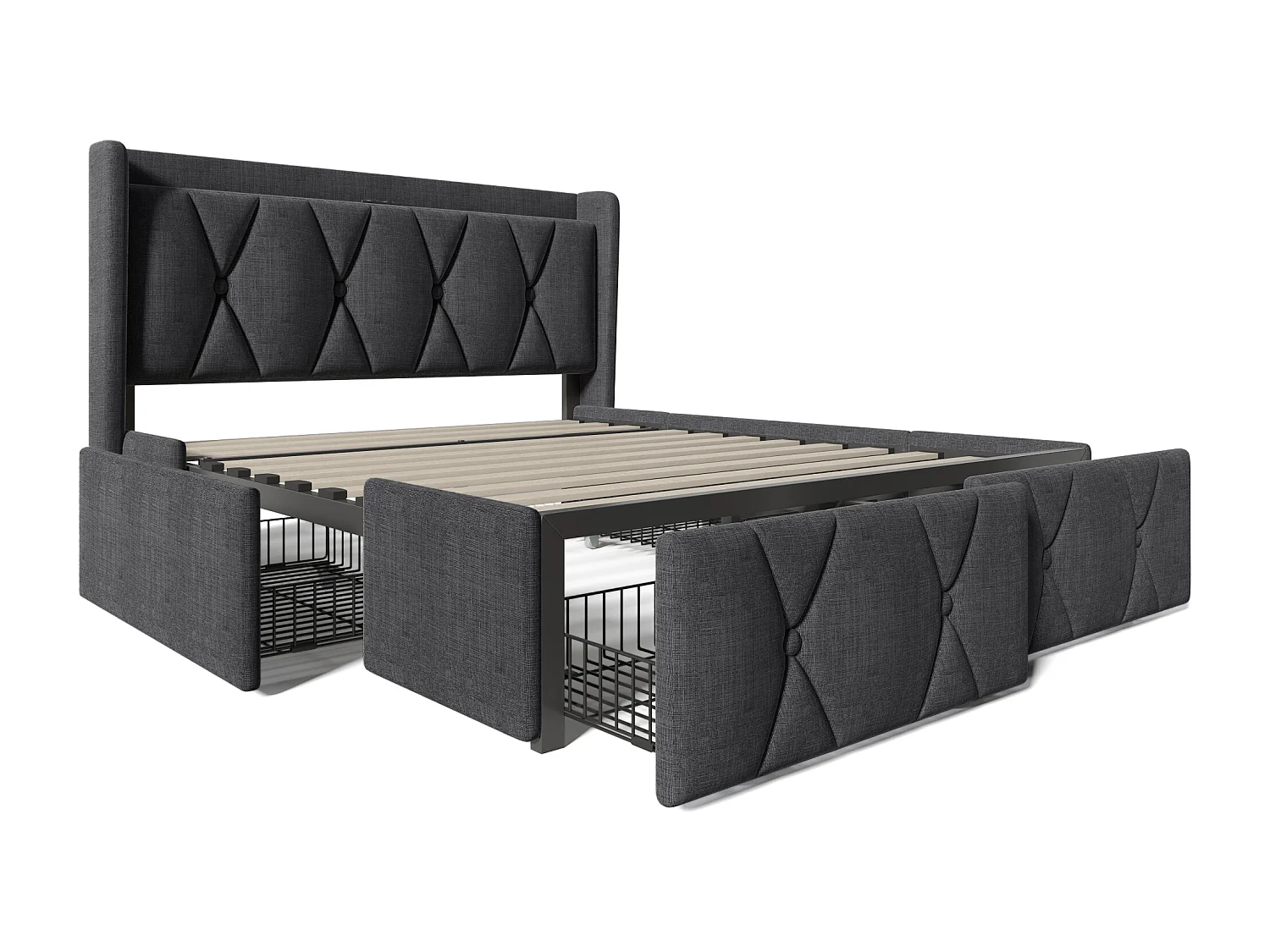 Lit double 140x200 cm, tête de lit avec prises et USB, 4 tiroirs, revêtement en lin, gris(Sans matelas)
